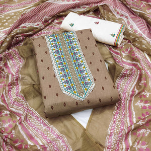 Beige Bandhani Printed With Embroidery Pure Cotton Dress Material