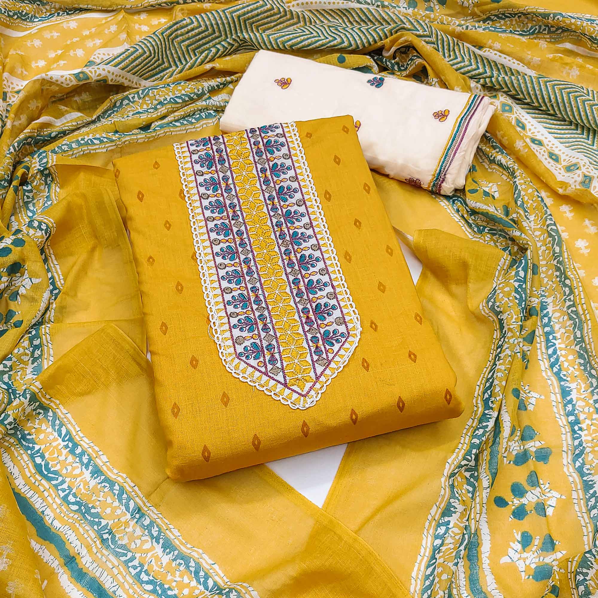 Yellow Bandhani Printed With Embroidery Pure Cotton Dress Material