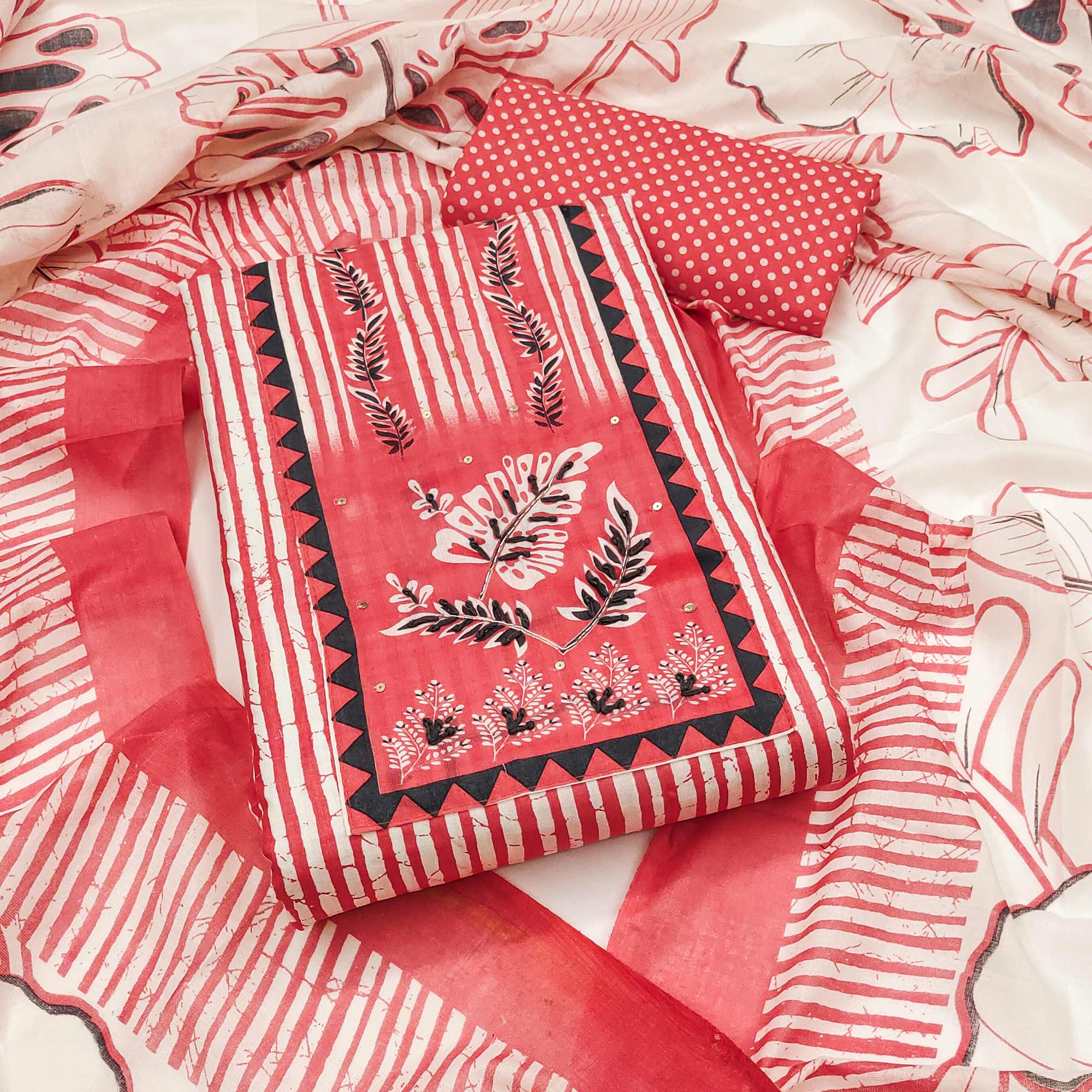 Red Striped Printed With Embroidered Pure Cotton Dress Material