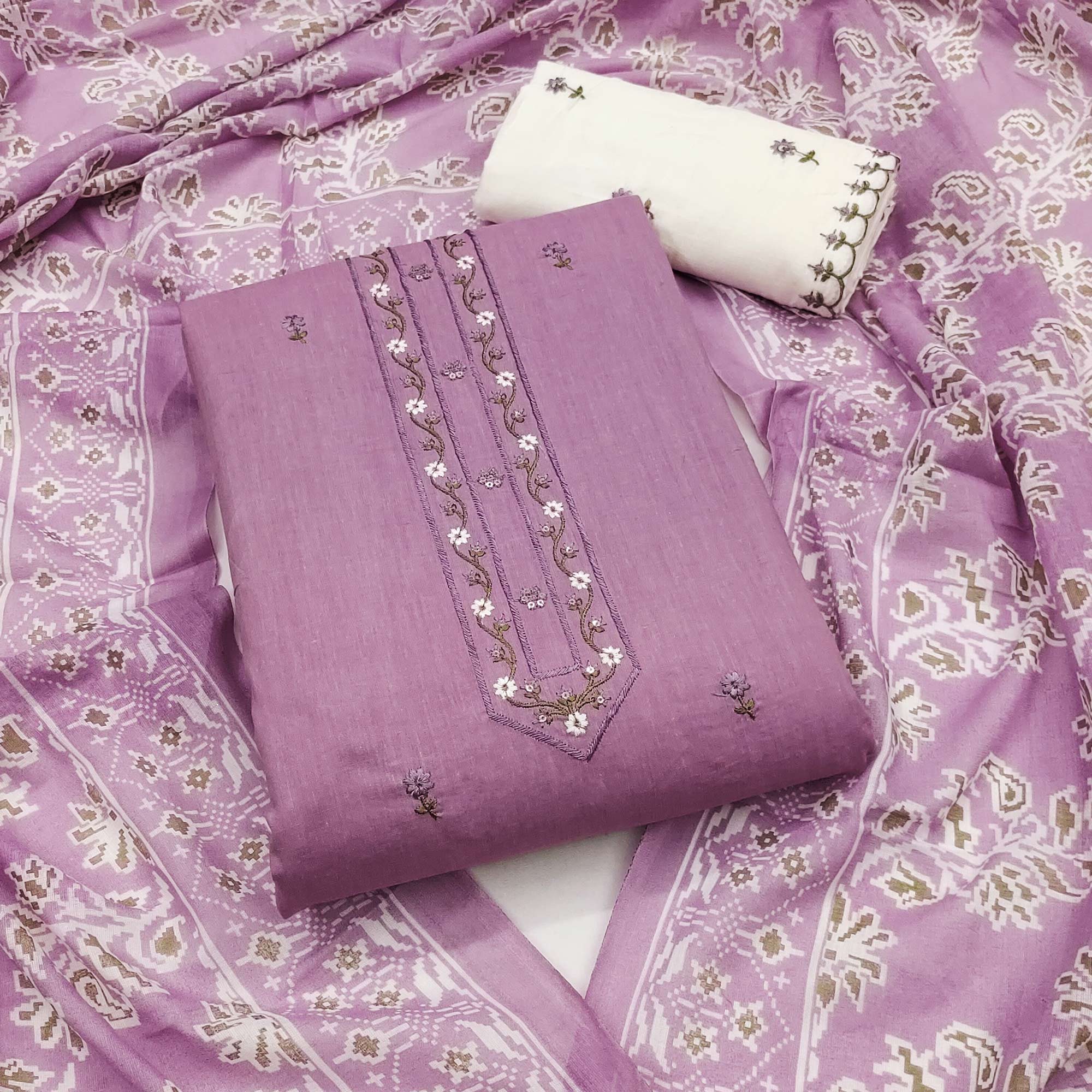 Light Purple Floral Embroidered Pure Cotton Dress Material