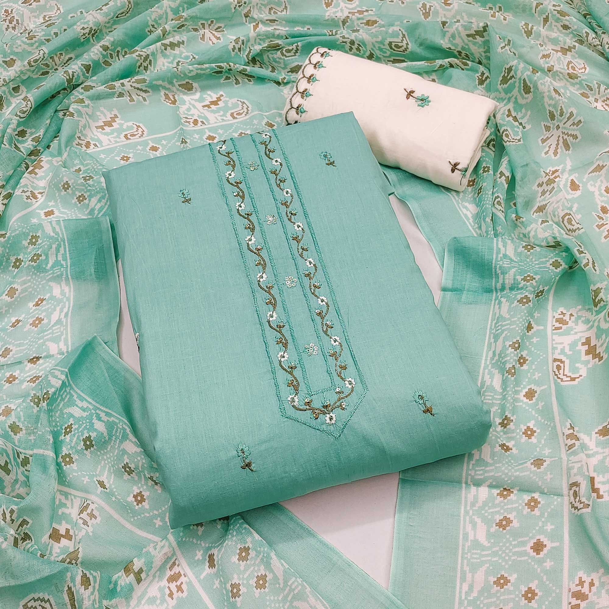 Turquoise Floral Embroidered Pure Cotton Dress Material