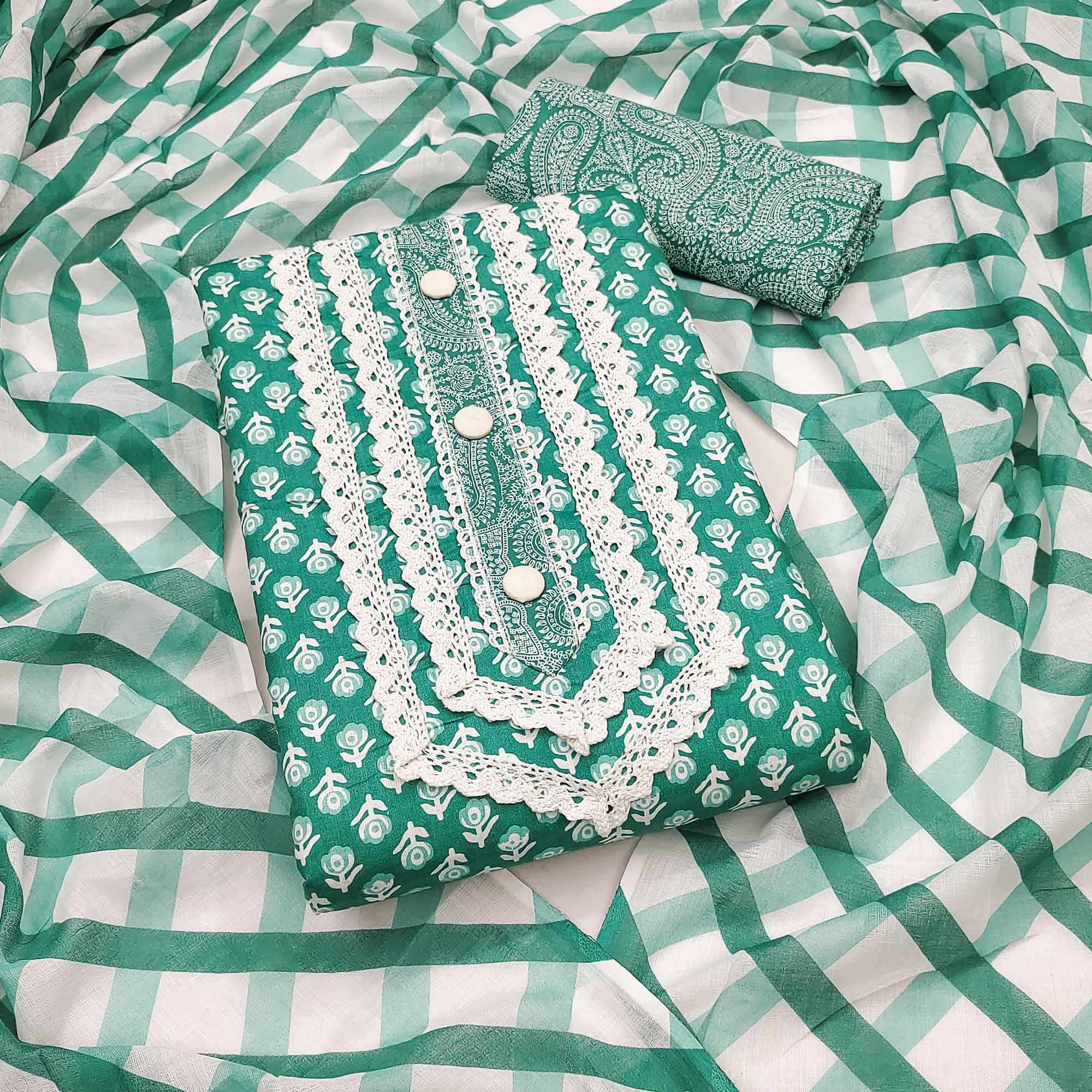 Green Floral Printed Pure Cotton Dress Material