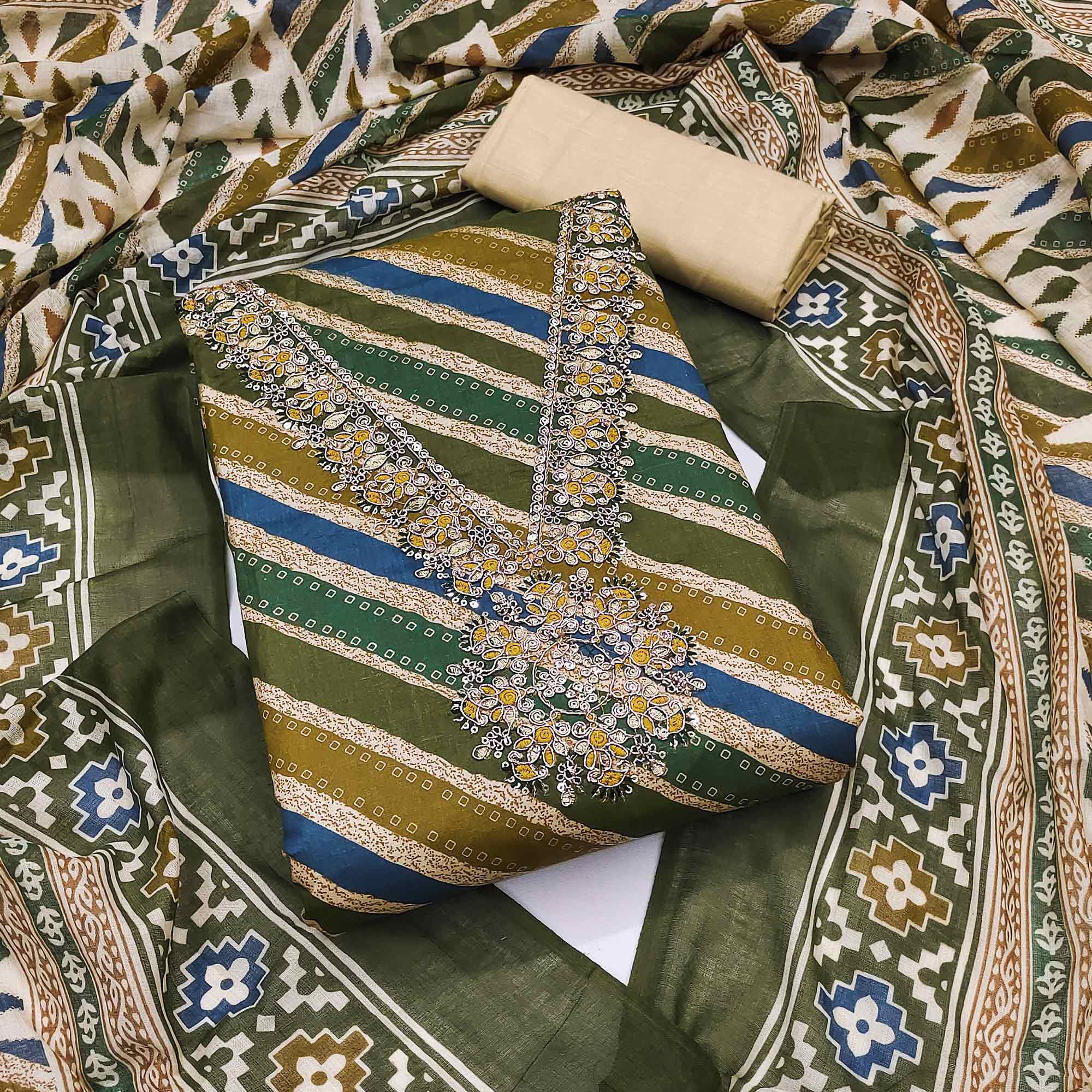 Green Striped Printed With Embroidery Pure Cotton Dress Material