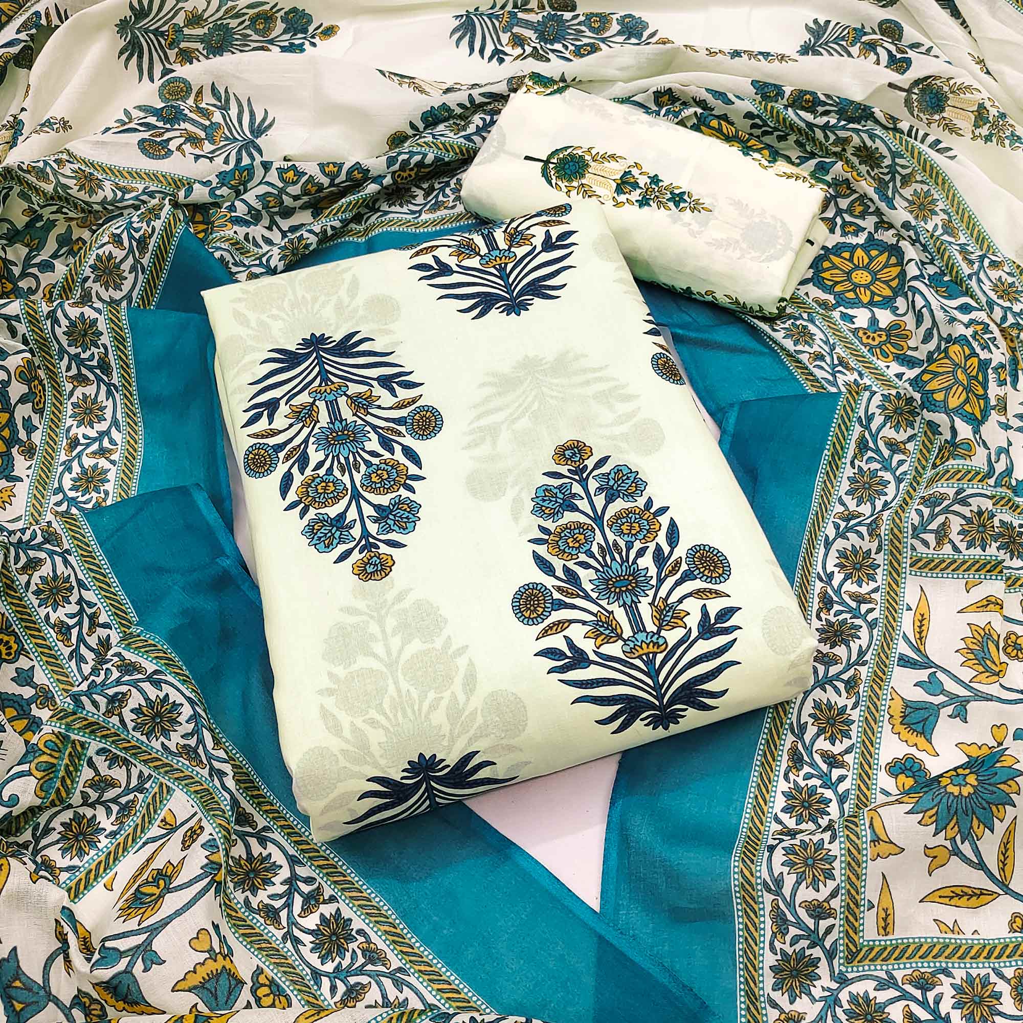 Rama Blue Floral Printed Pure Cotton Dress Material