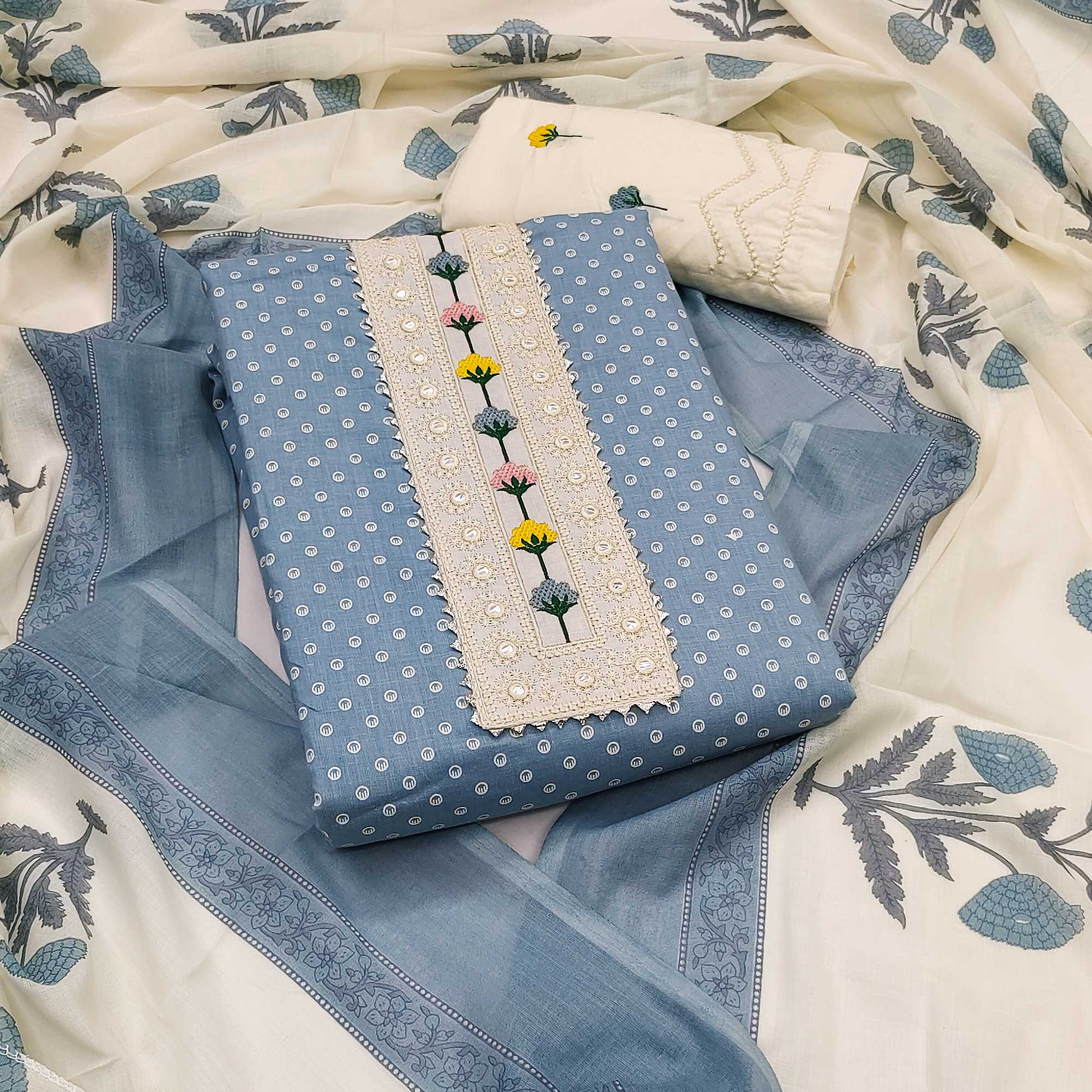Sky Blue Pure Cotton Dress Material with Timeless Polka Design Print Pattern