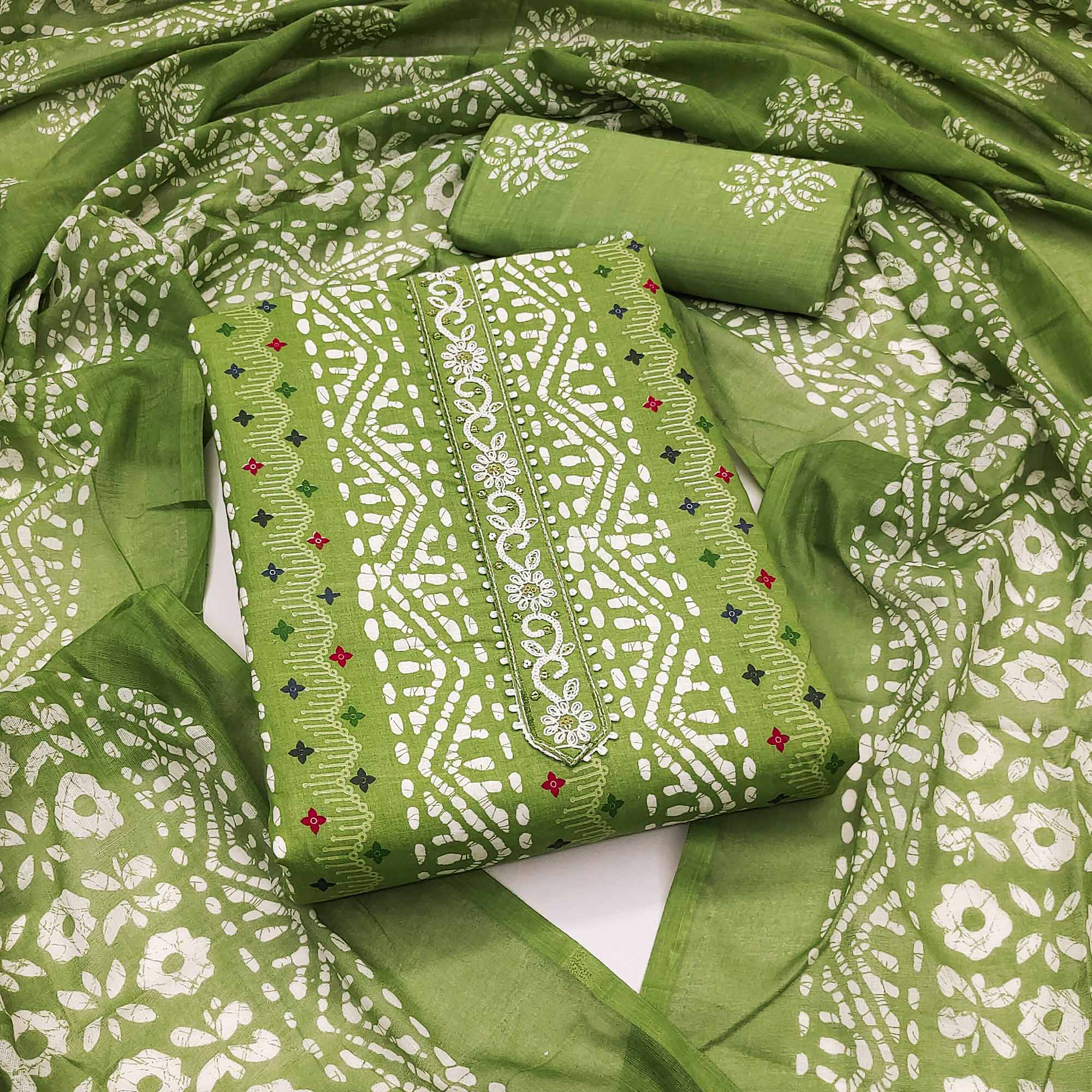 Comfortable Green Pure Cotton Material with All-Over Stripe Print