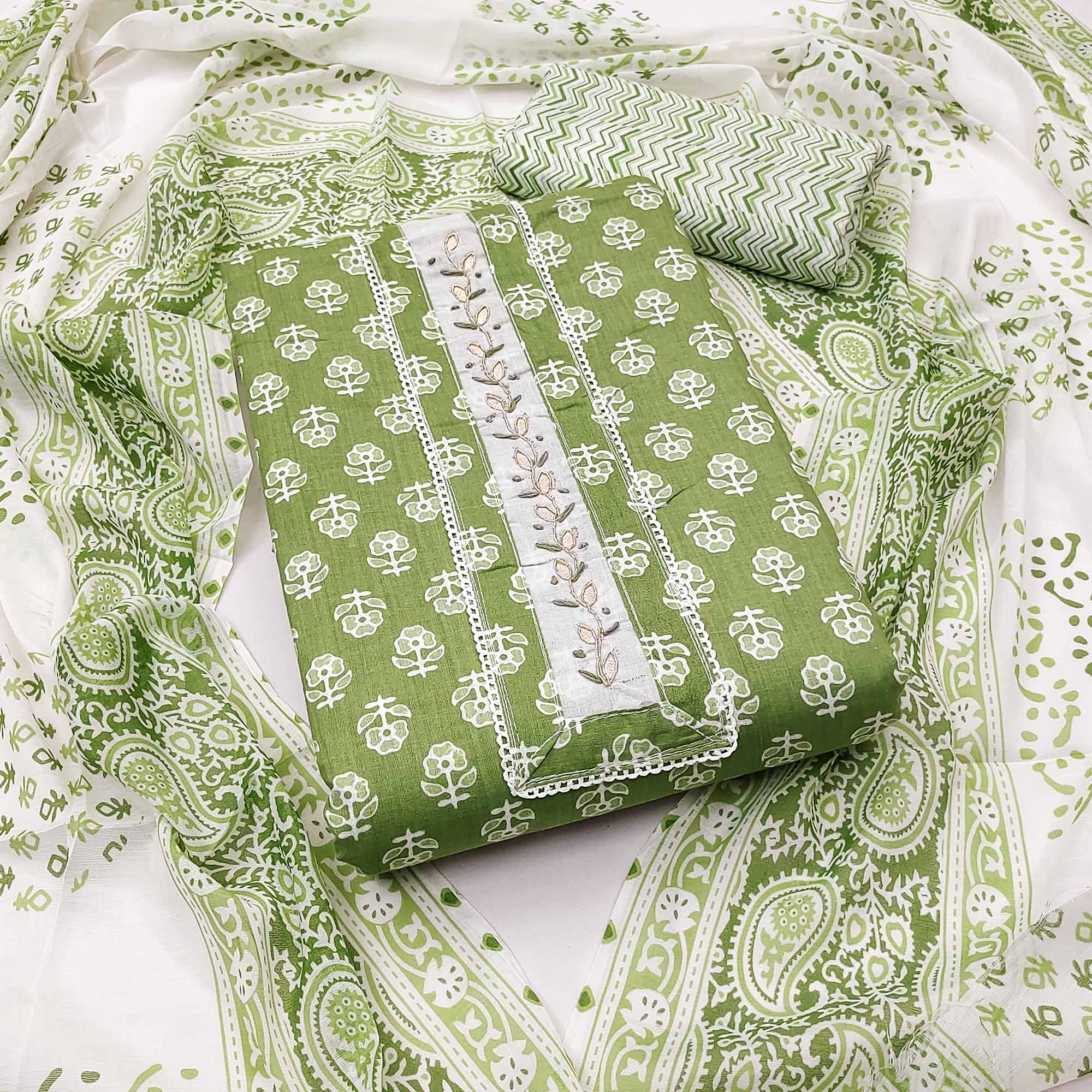 Green Floral Printed Pure Cotton Dress Material With Elegant Neck Embroidery