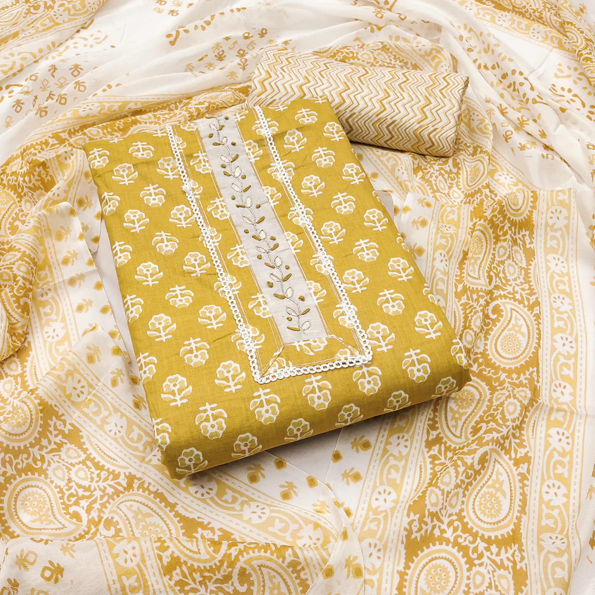 Mustard Floral Printed Pure Cotton Dress Material With Elegant Neck Embroidery