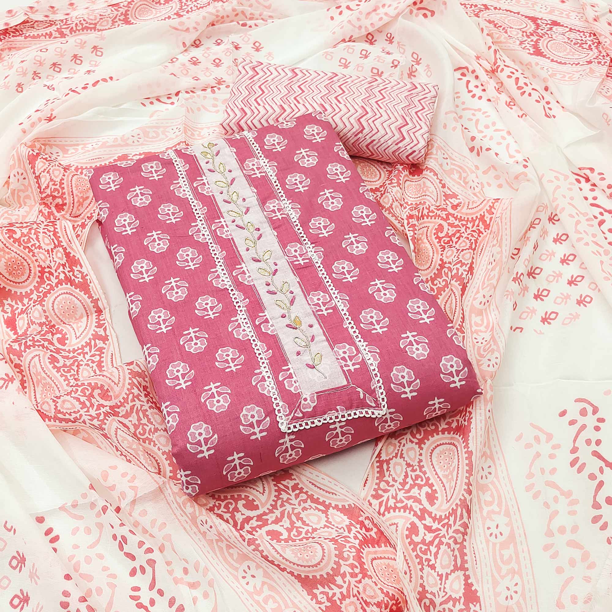 Pink Floral Printed Pure Cotton Dress Material With Elegant Neck Embroidery
