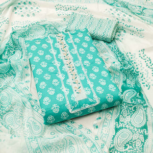 Turquoise Floral Printed Pure Cotton Dress Material With Elegant Neck Embroidery
