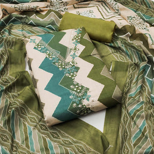 Green Zig Zag Printed Pure Cotton Dress Material With Intricate Sequins Embroidery