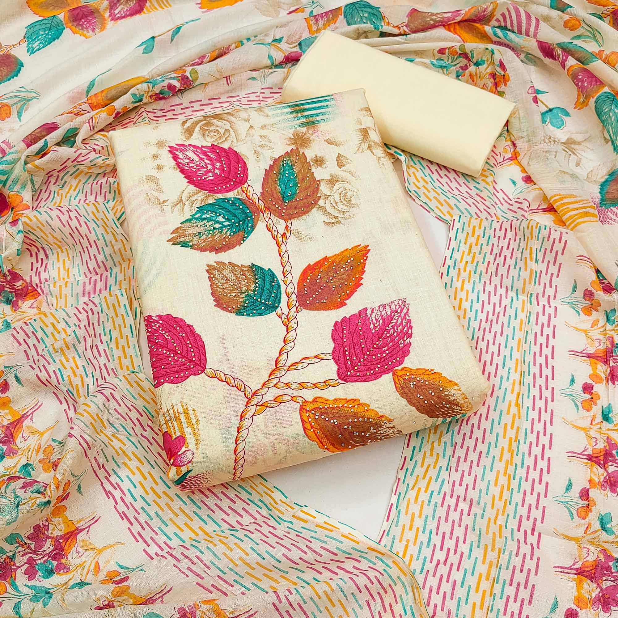 Cream Pure Cotton Suit Material Featuring Floral Patterns and Sparkling Stone Detailing