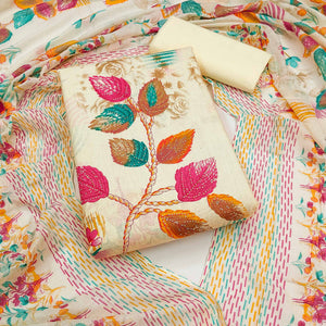 Cream Pure Cotton Suit Material Featuring Floral Patterns and Sparkling Stone Detailing