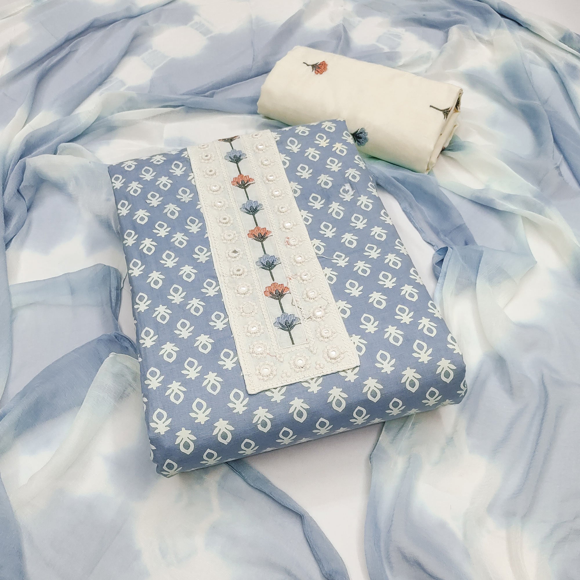 Floral Printed Pure Cotton Dress Material in Radiant Blue Tone