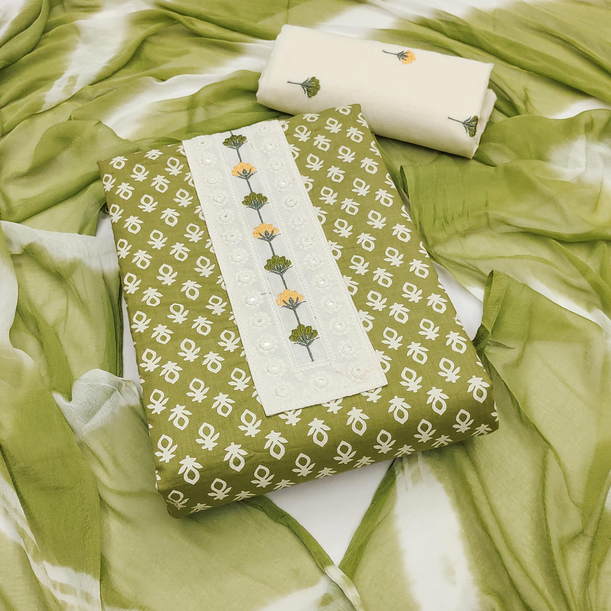Floral Printed Pure Cotton Dress Material in Radiant Mehandi Green Tone