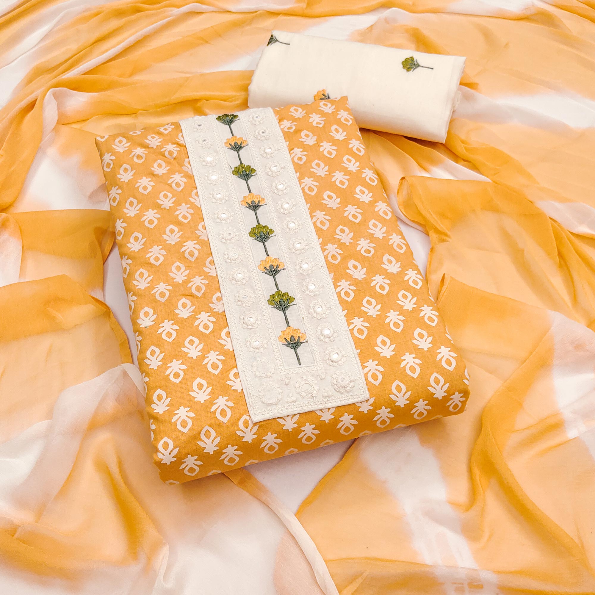 Floral Printed Pure Cotton Dress Material in Radiant Orange Tone