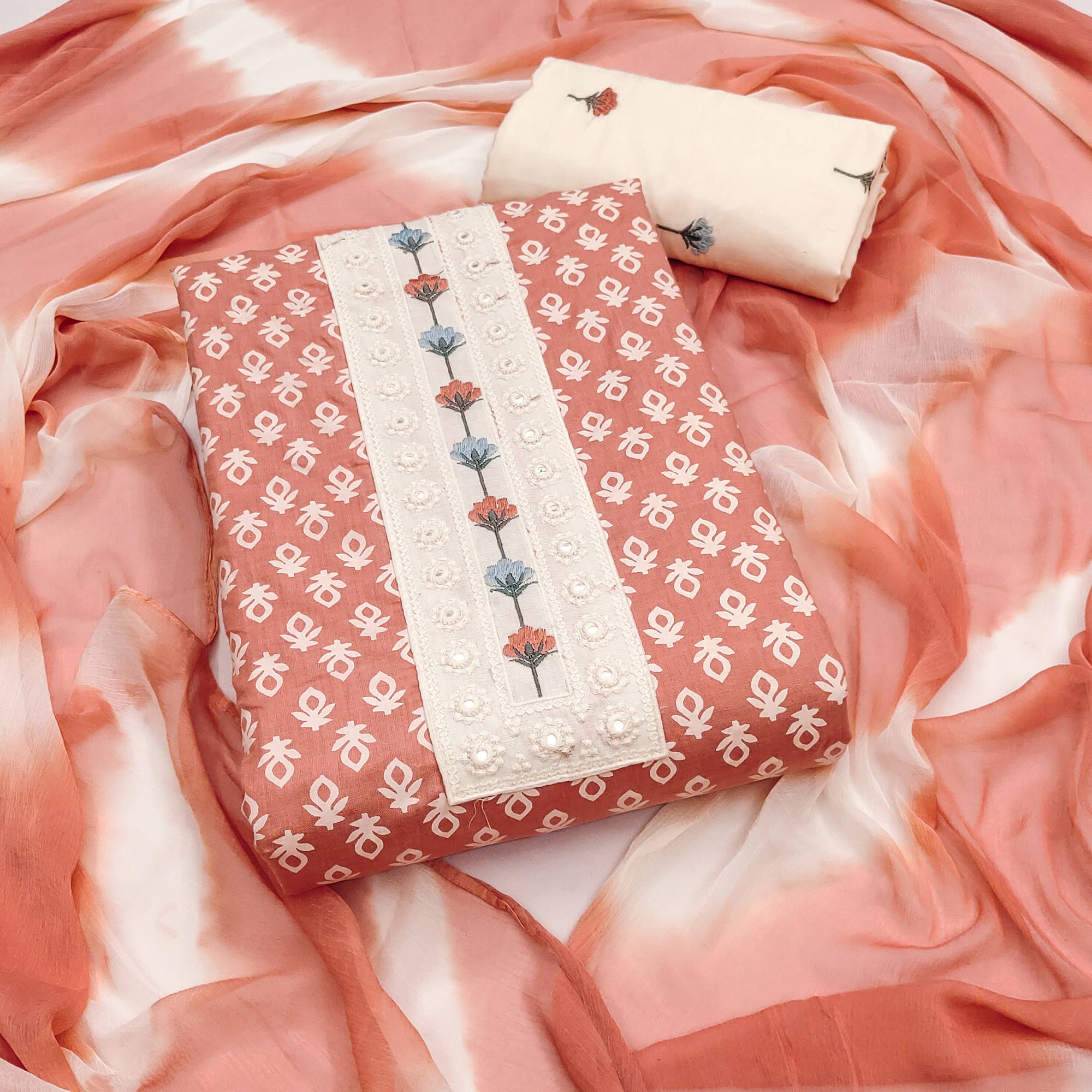 Floral Printed Pure Cotton Dress Material in Radiant Peach Tone