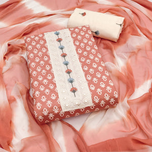 Floral Printed Pure Cotton Dress Material in Radiant Peach Tone