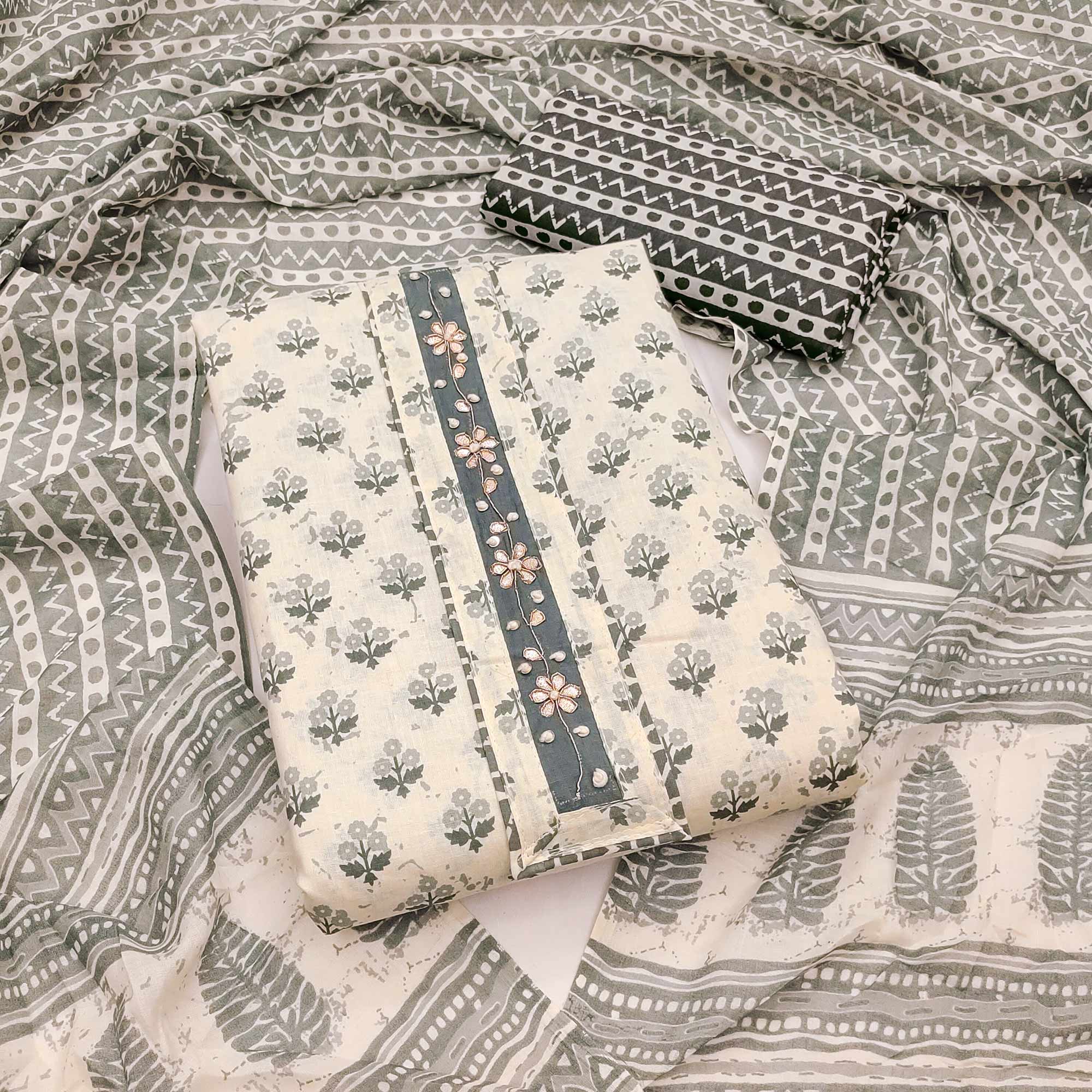 Grey Cotton Suit Material Enhanced with Soft Floral Prints
