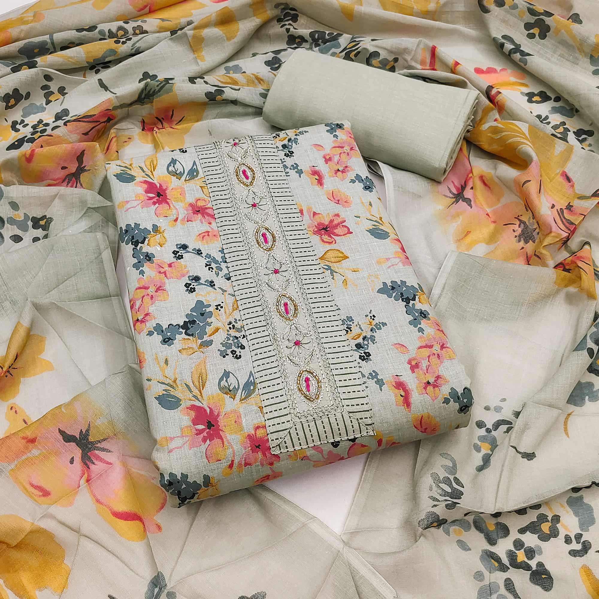 Soft Pure Cotton Dress Material in Fresh Grey with Floral Pattern