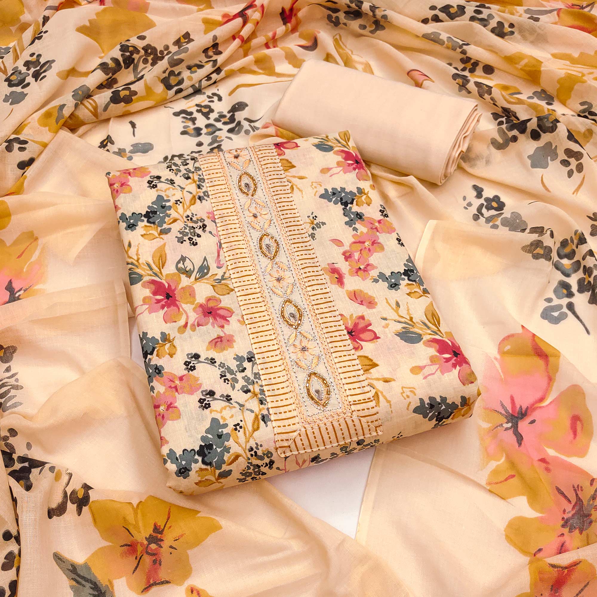 Soft Pure Cotton Dress Material in Fresh Peach with Floral Pattern