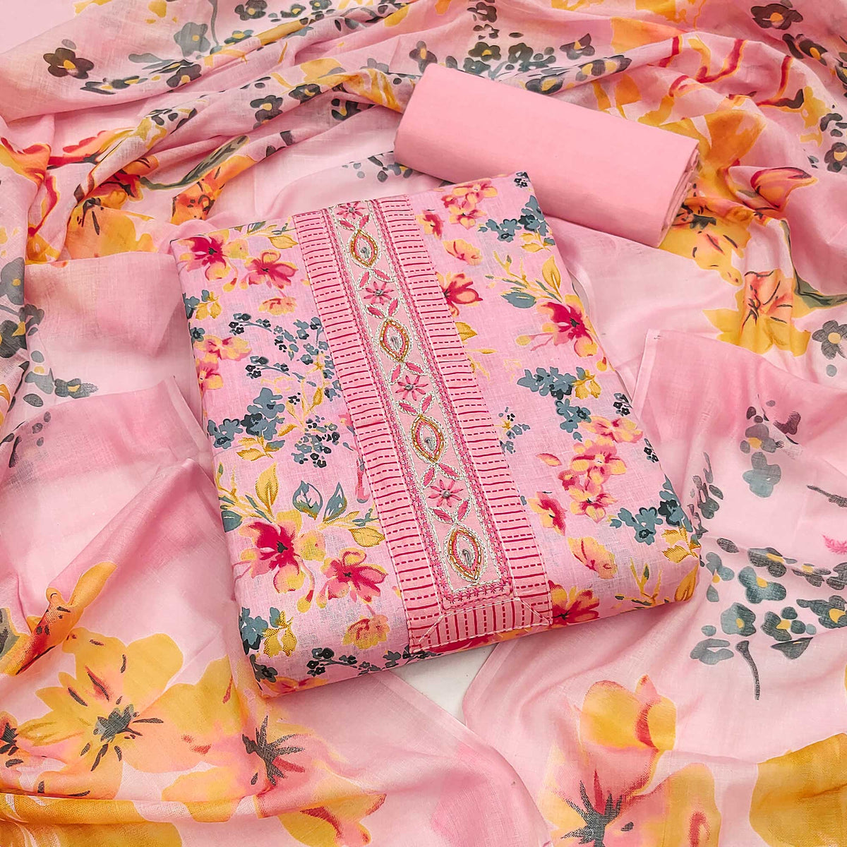Soft Pure Cotton Dress Material in Fresh Pink with Floral Pattern