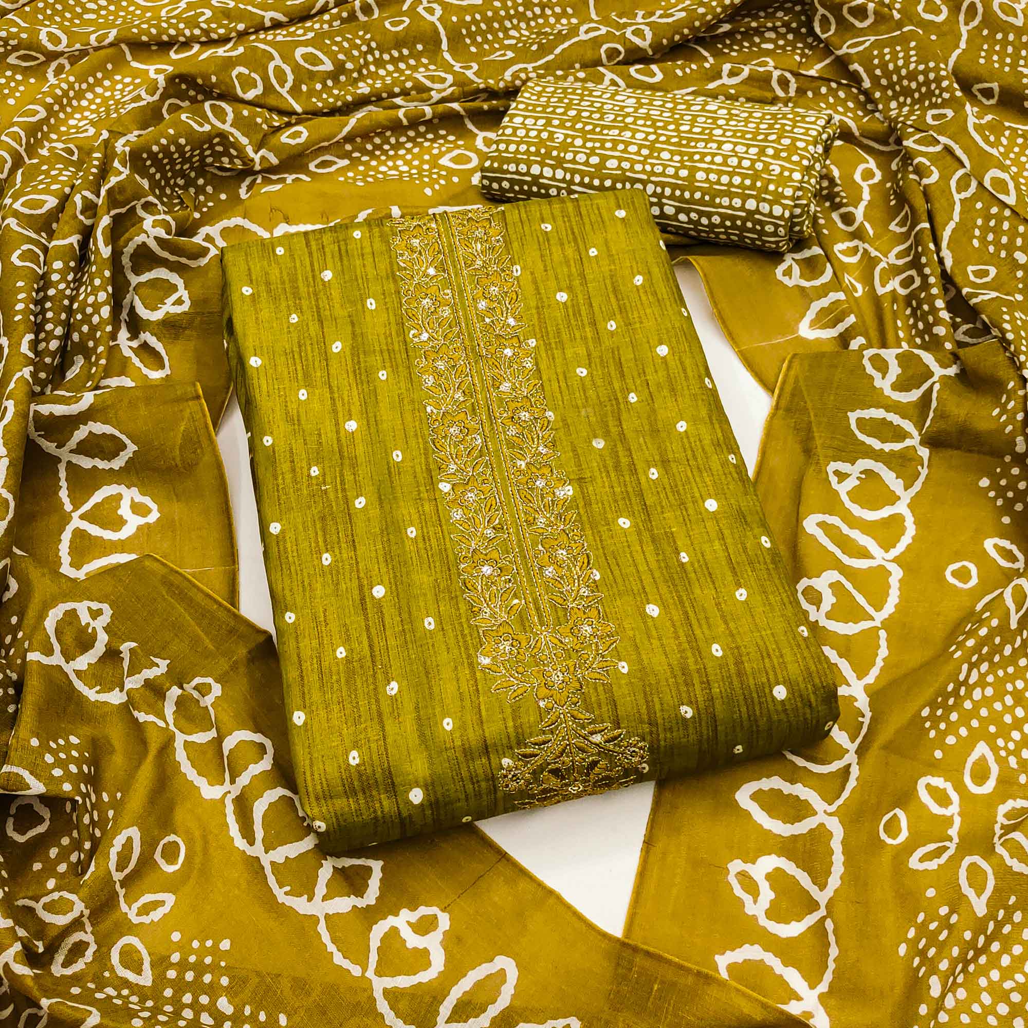 Dark Mustard Pure Cotton Dress Material Showcasing Floral & Bandhani Prints With Neck Embroidery