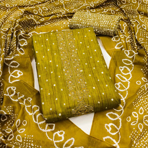 Dark Mustard Pure Cotton Dress Material Showcasing Floral & Bandhani Prints With Neck Embroidery