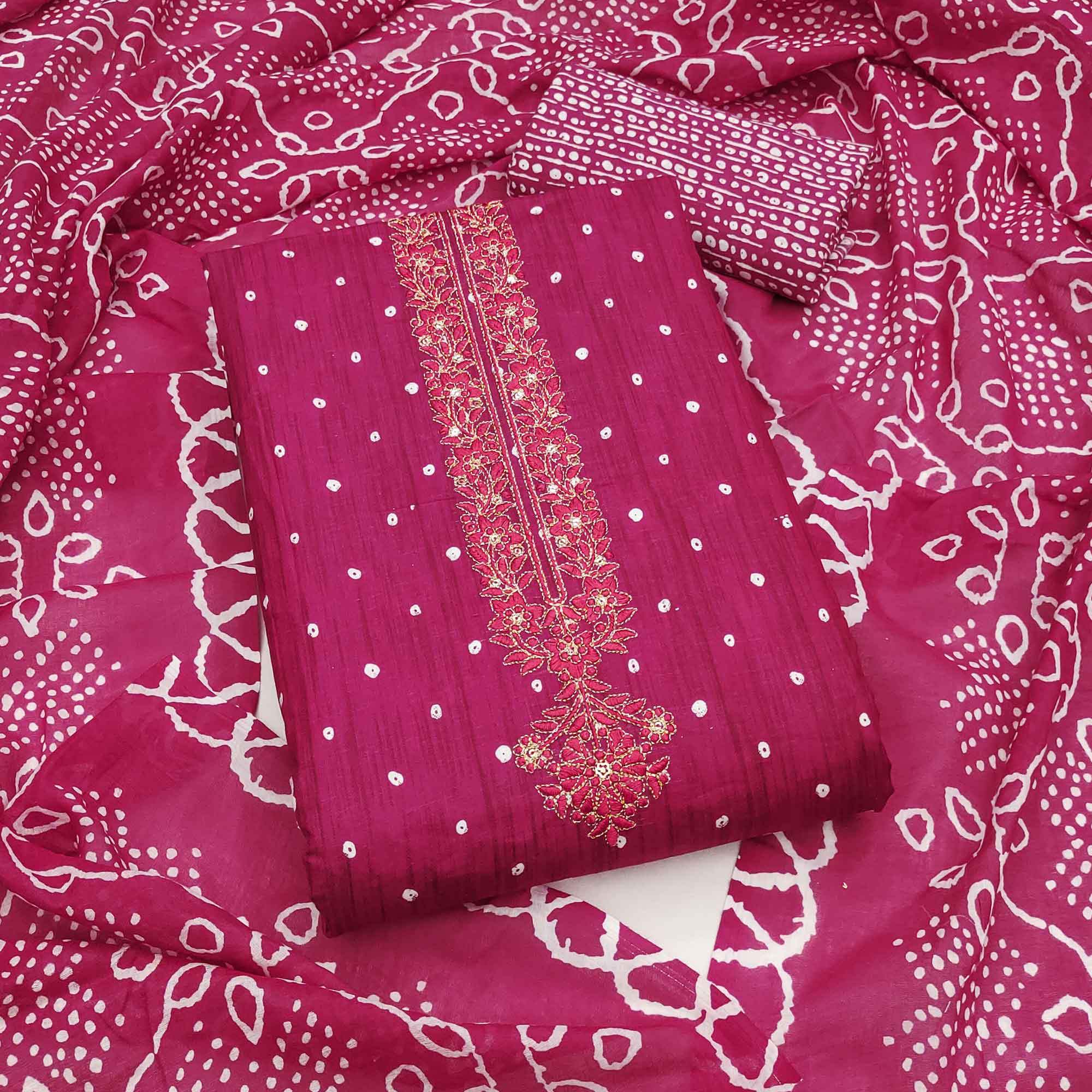Rani Pink Pure Cotton Dress Material Showcasing Floral & Bandhani Prints With Neck Embroidery