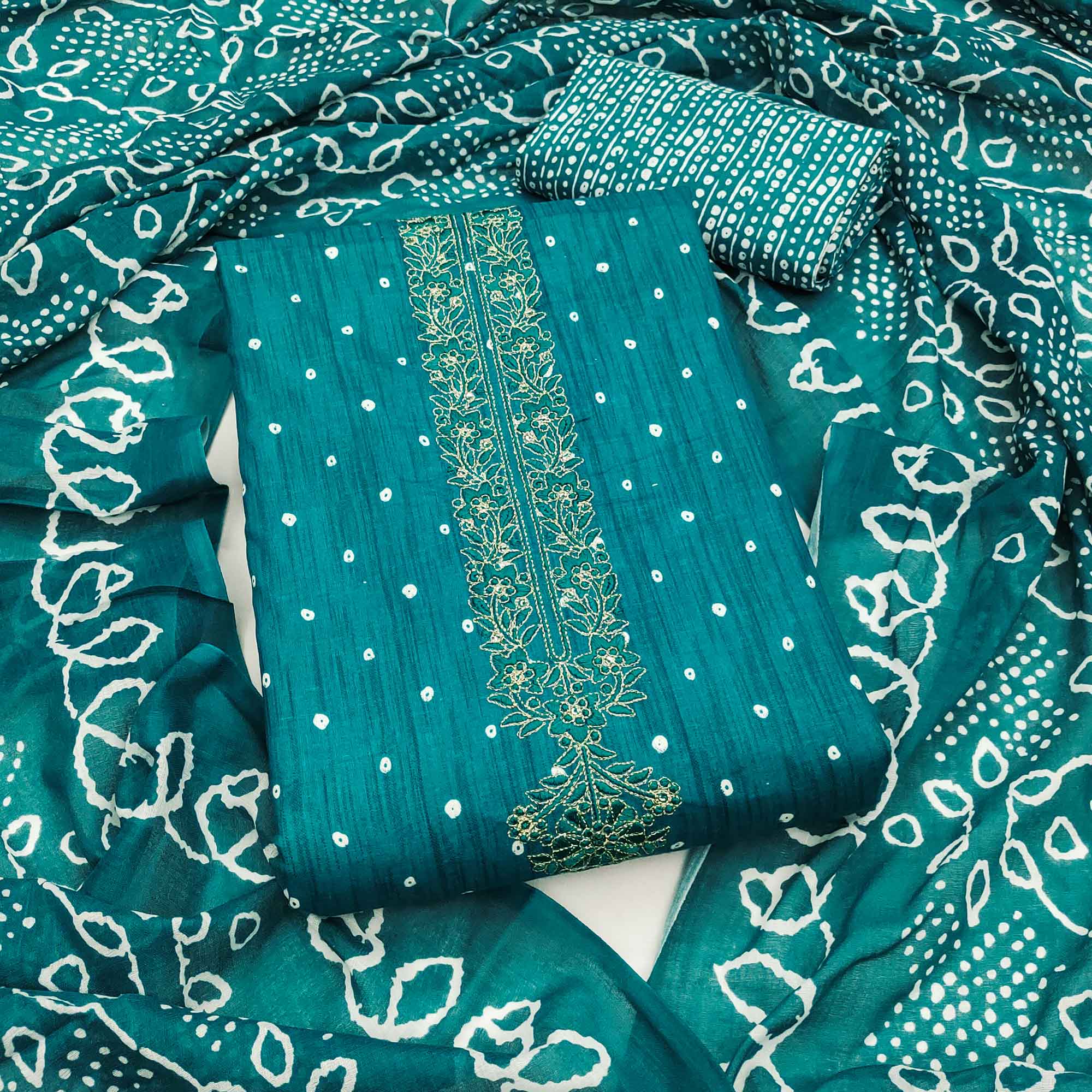 Teal Pure Cotton Dress Material Showcasing Floral & Bandhani Prints With Elegant Neck Embroidery