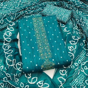 Teal Pure Cotton Dress Material Showcasing Floral & Bandhani Prints With Elegant Neck Embroidery