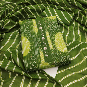 Green Pure Cotton Dress Material Adorned with Bandhani Print & Artistic Floral Handwork Detailing