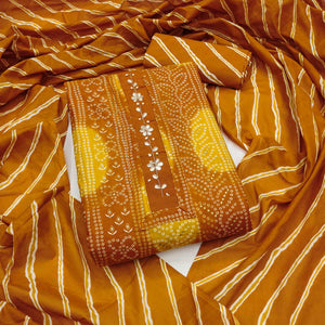 Mustard Pure Cotton Dress Material Adorned with Bandhani Print & Artistic Floral Handwork Detailing