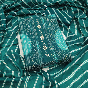 Teal Pure Cotton Dress Material Adorned with Bandhani Print & Artistic Floral Handwork Detailing