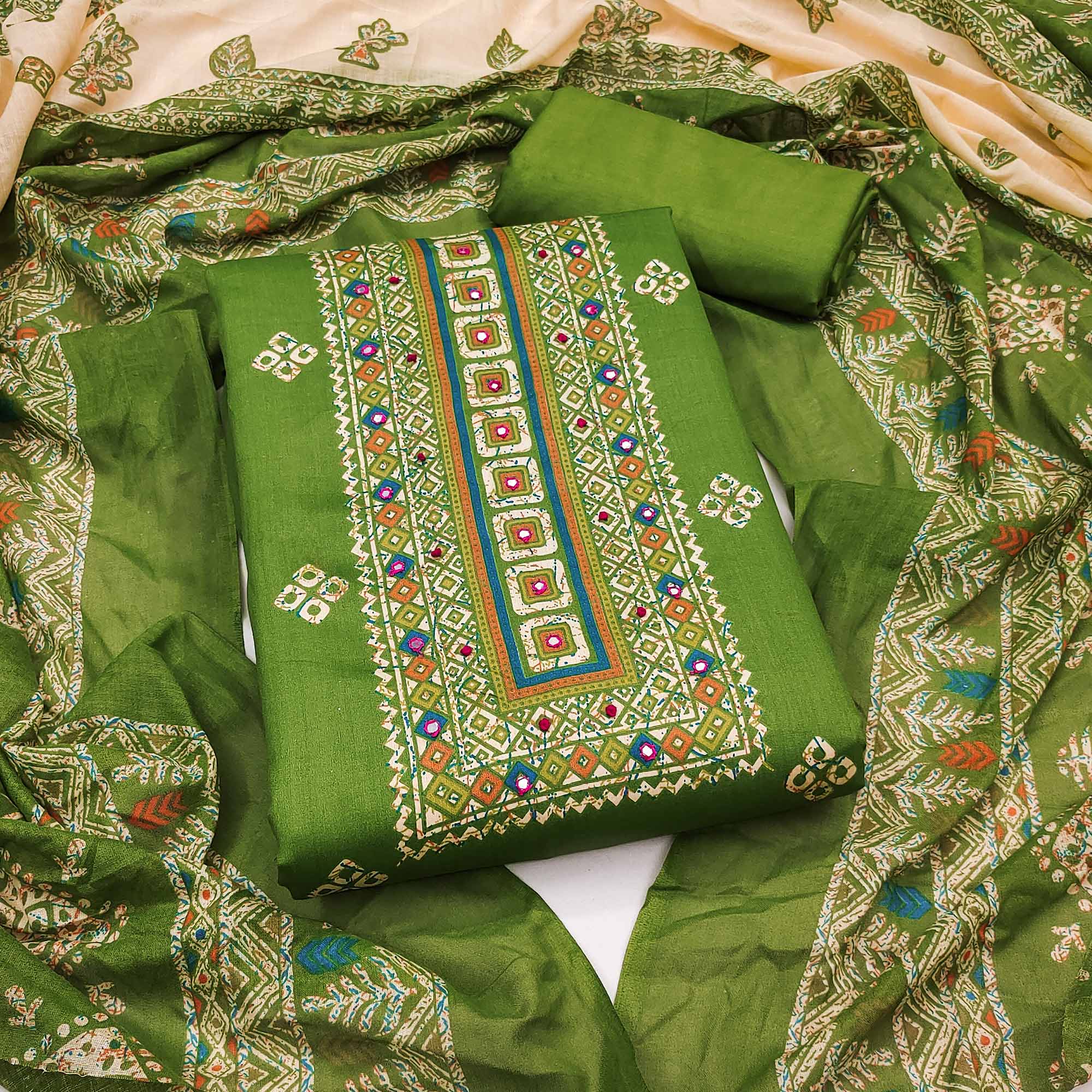 Graceful Green Floral Printed Pure Cotton Dress Material With Elegant Neck Embroidery Work