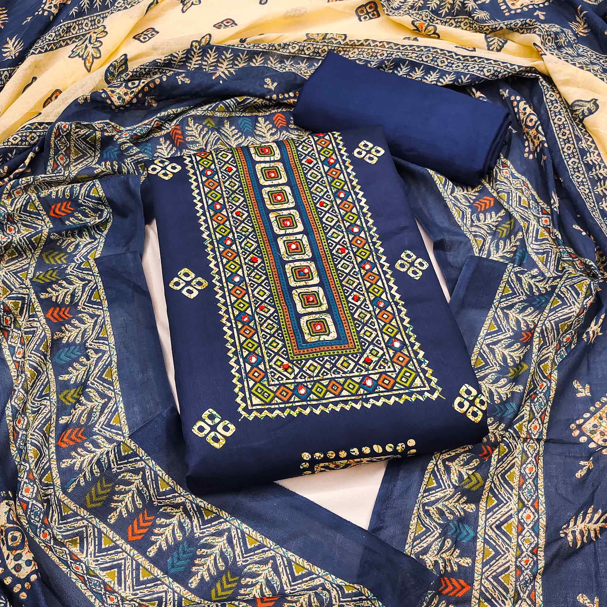 Graceful Navy Blue Floral Printed Pure Cotton Dress Material With Elegant Neck Embroidery Work