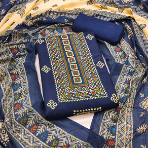 Graceful Navy Blue Floral Printed Pure Cotton Dress Material With Elegant Neck Embroidery Work