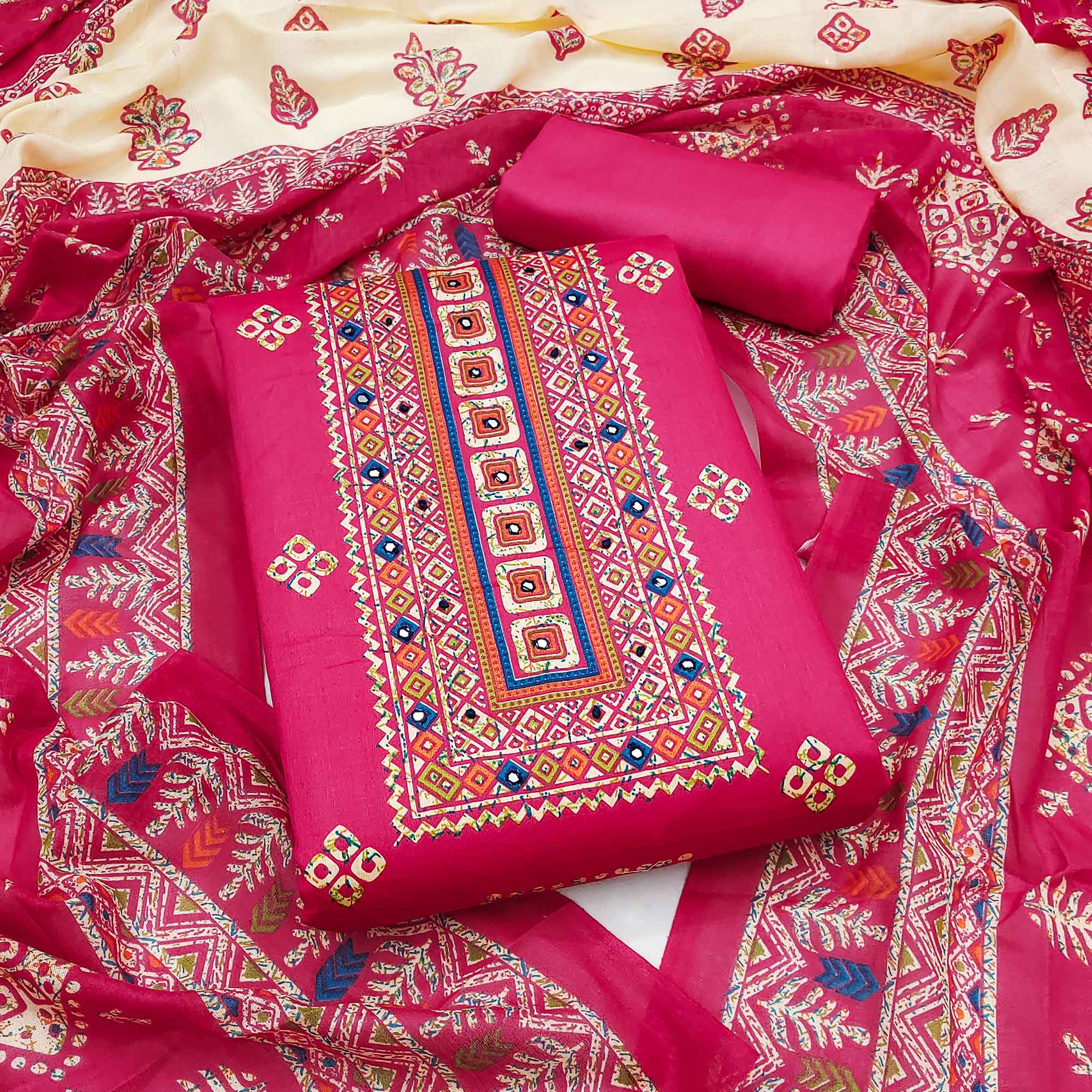 Graceful Rani Pink Floral Printed Pure Cotton Dress Material With Elegant Neck Embroidery Work