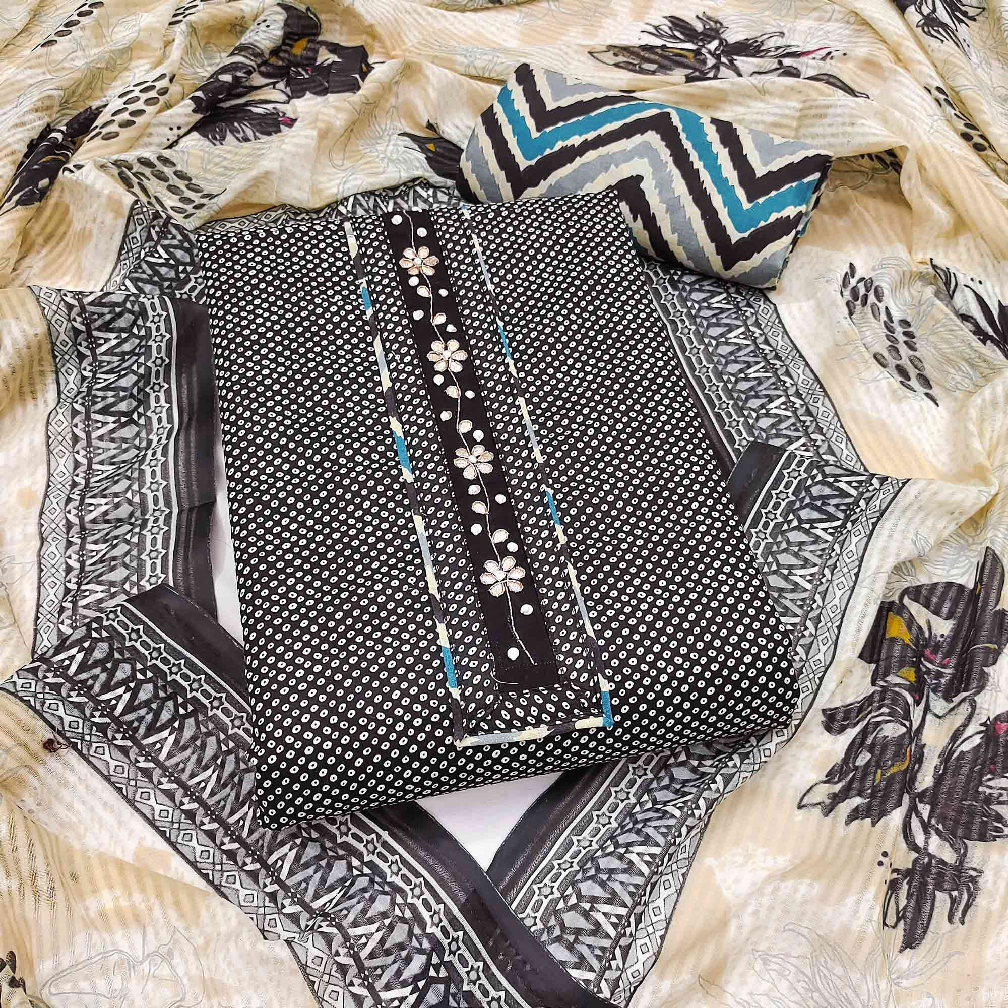 Elegant Black Bandhani Printed Pure Cotton Dress Material Enhanced With Delicate Floral Handwork