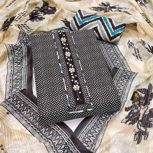 Elegant Black Bandhani Printed Pure Cotton Dress Material Enhanced With Delicate Floral Handwork