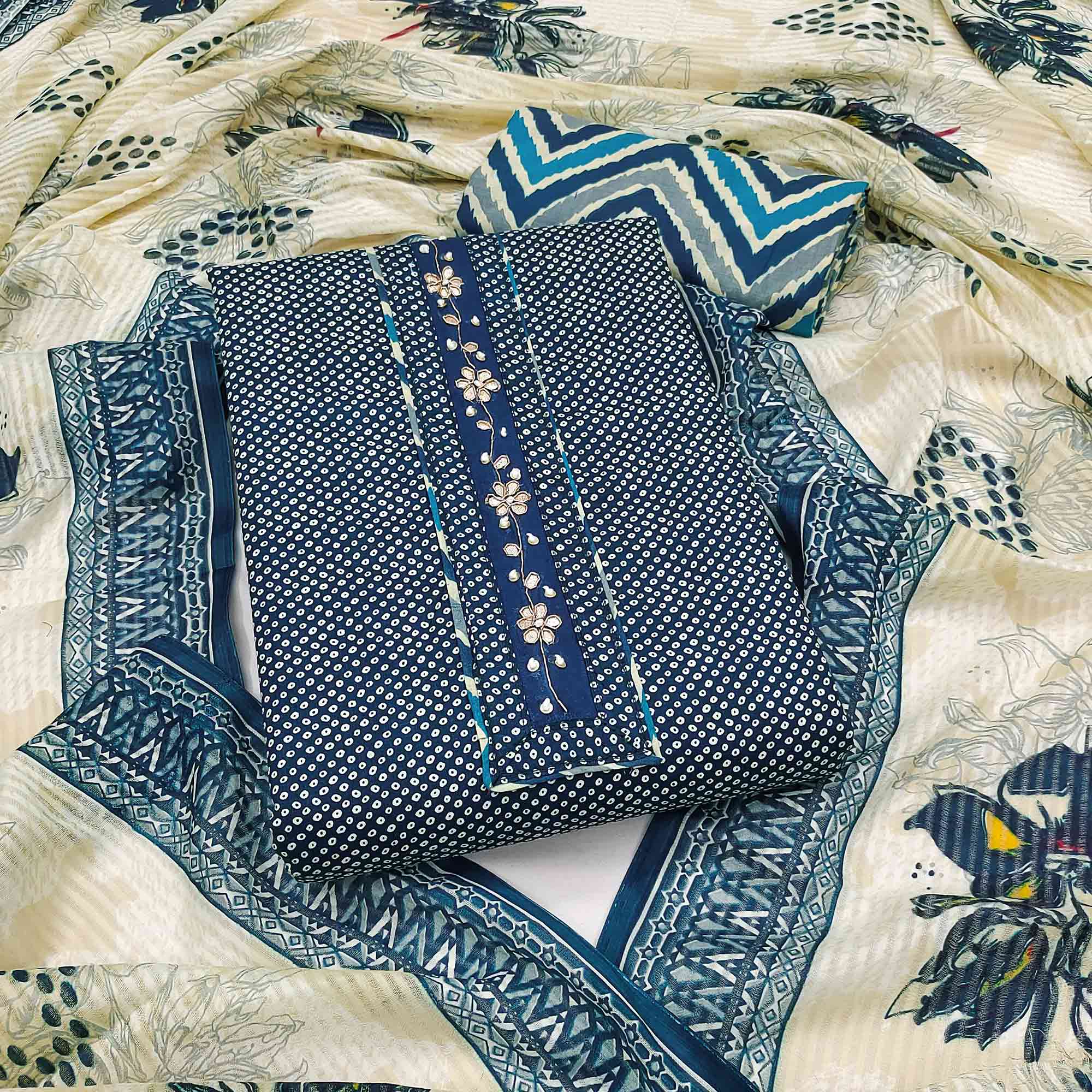 Elegant Blue Bandhani Printed Pure Cotton Dress Material Enhanced With Delicate Floral Handwork