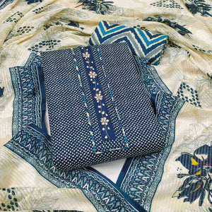 Elegant Blue Bandhani Printed Pure Cotton Dress Material Enhanced With Delicate Floral Handwork