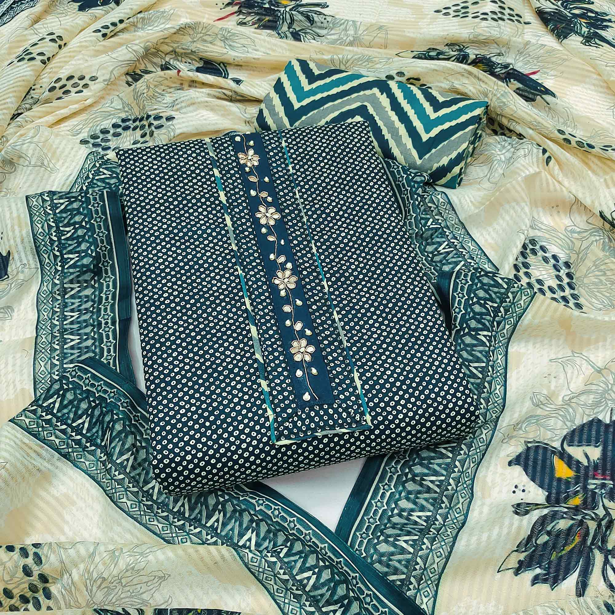 Elegant Teal Bandhani Printed Pure Cotton Dress Material Enhanced With Delicate Floral Handwork