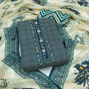 Elegant Teal Bandhani Printed Pure Cotton Dress Material Enhanced With Delicate Floral Handwork