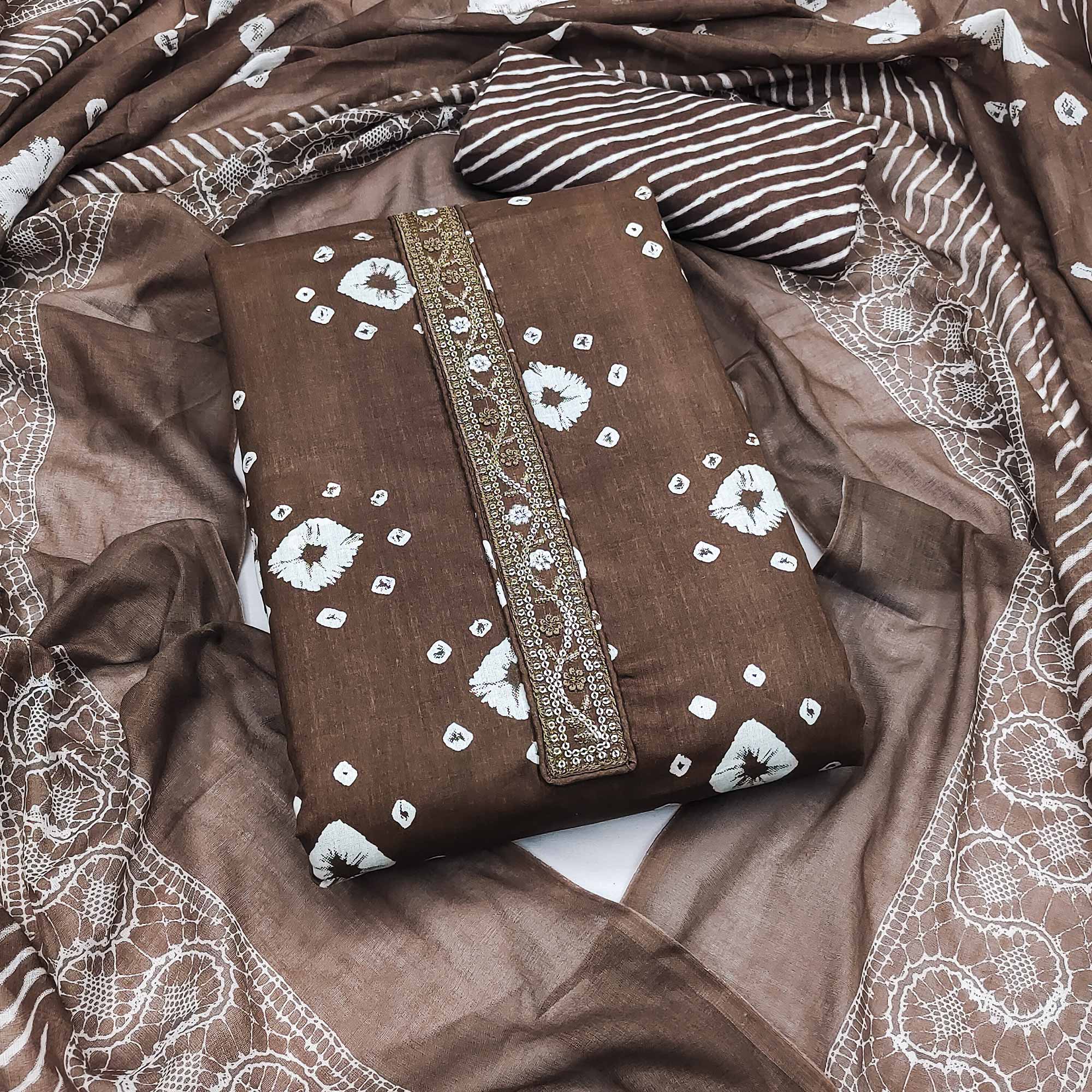 Classic Dark Brown Bandhani Print Pure Cotton Dress Material Accented With Floral Sequins Embroidery
