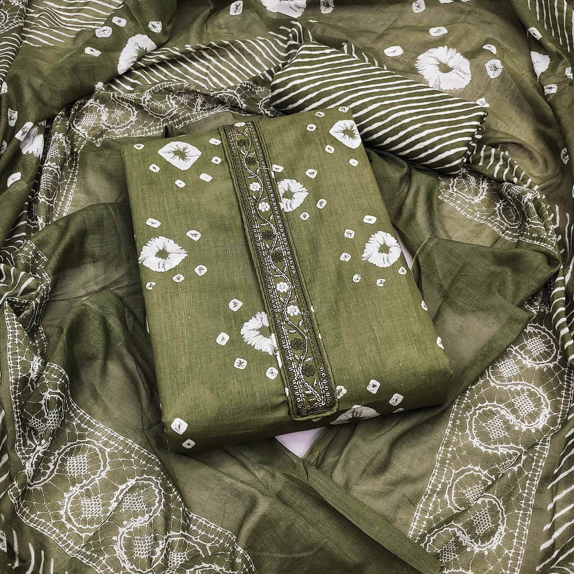 Classic Green Bandhani Print Pure Cotton Dress Material Accented With Floral Sequins Embroidery