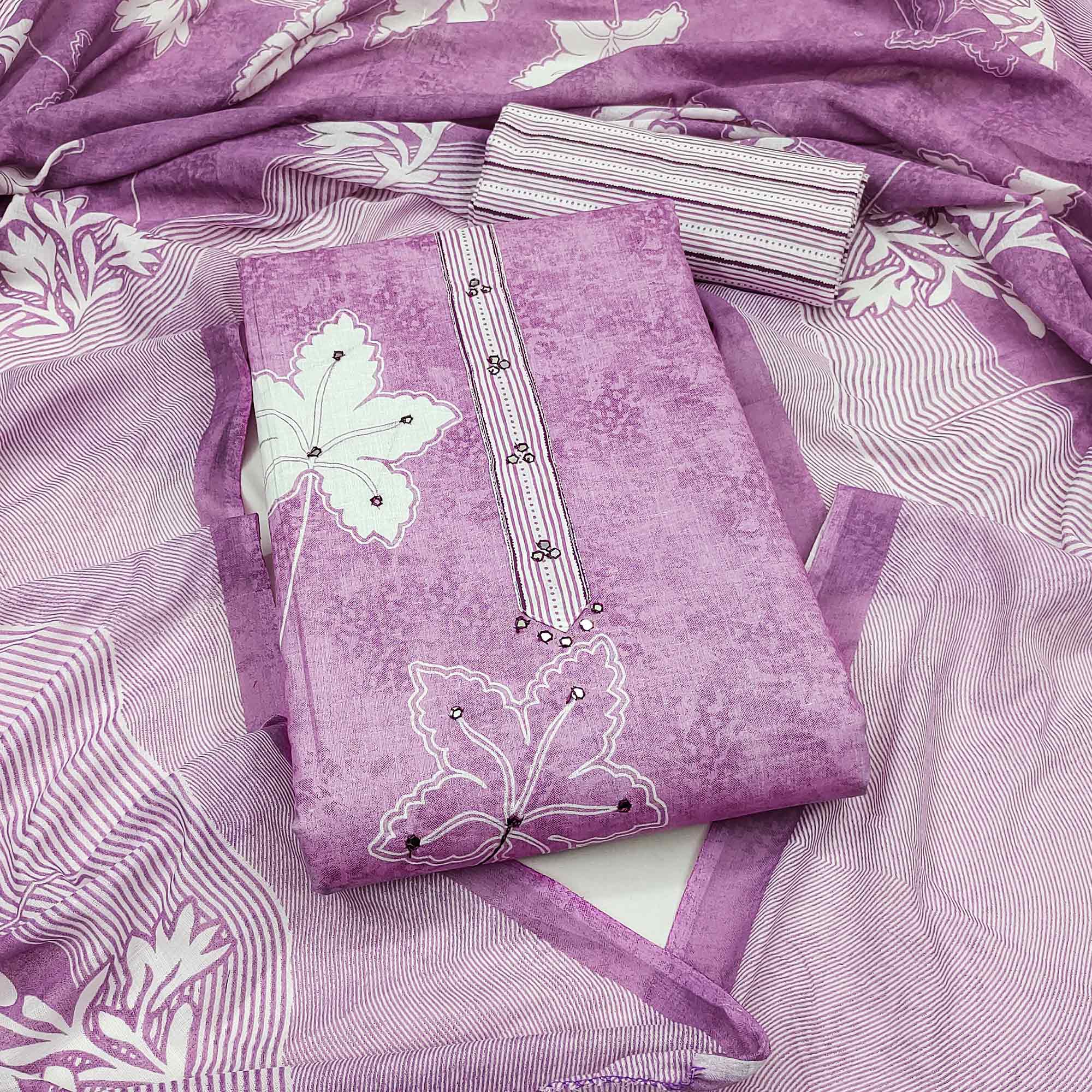 Charming Lavender Floral & Leaf Printed Pure Cotton Dress Material Featuring Subtle Embroidery Work