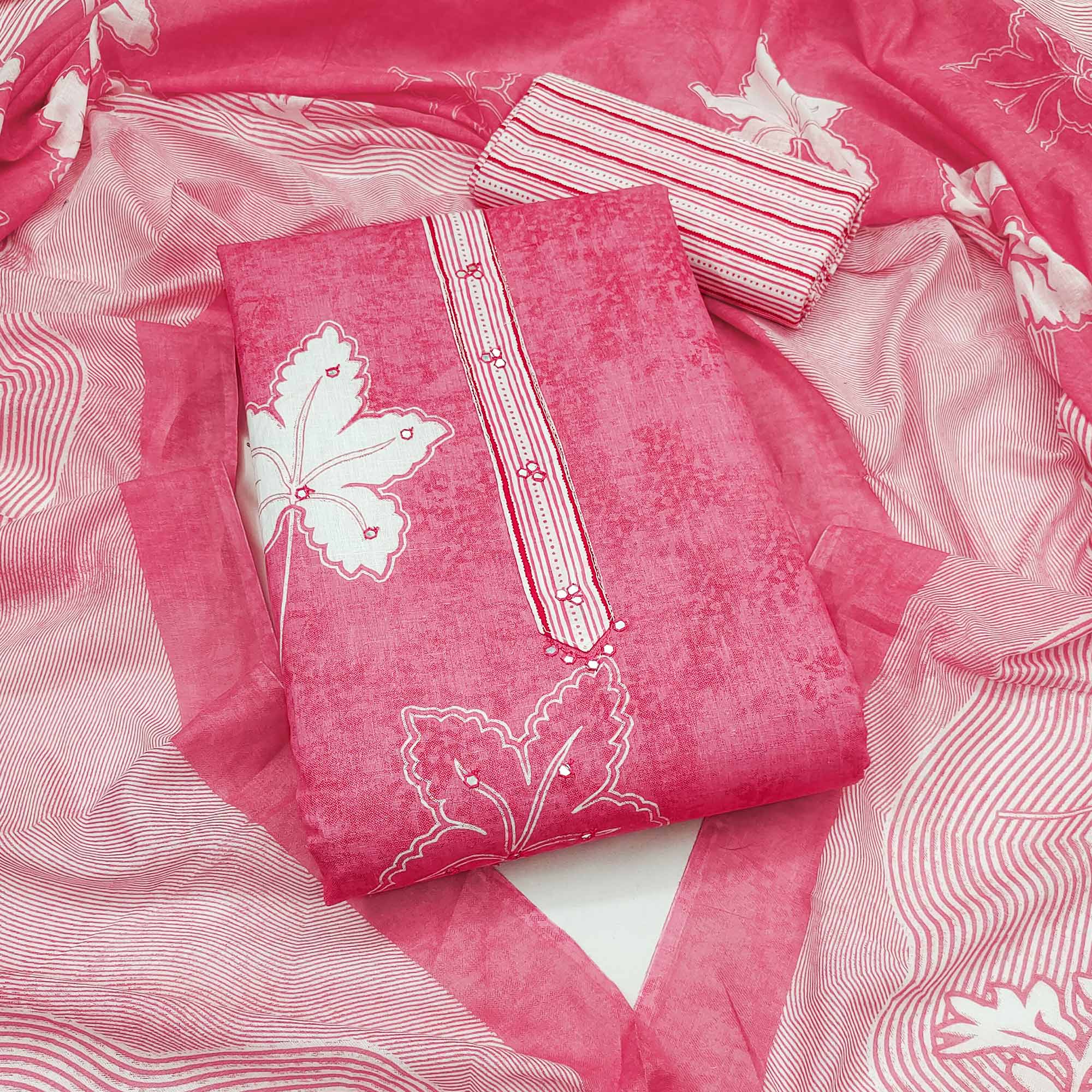 Charming Pink Floral & Leaf Printed Pure Cotton Dress Material Featuring Subtle Embroidery Work