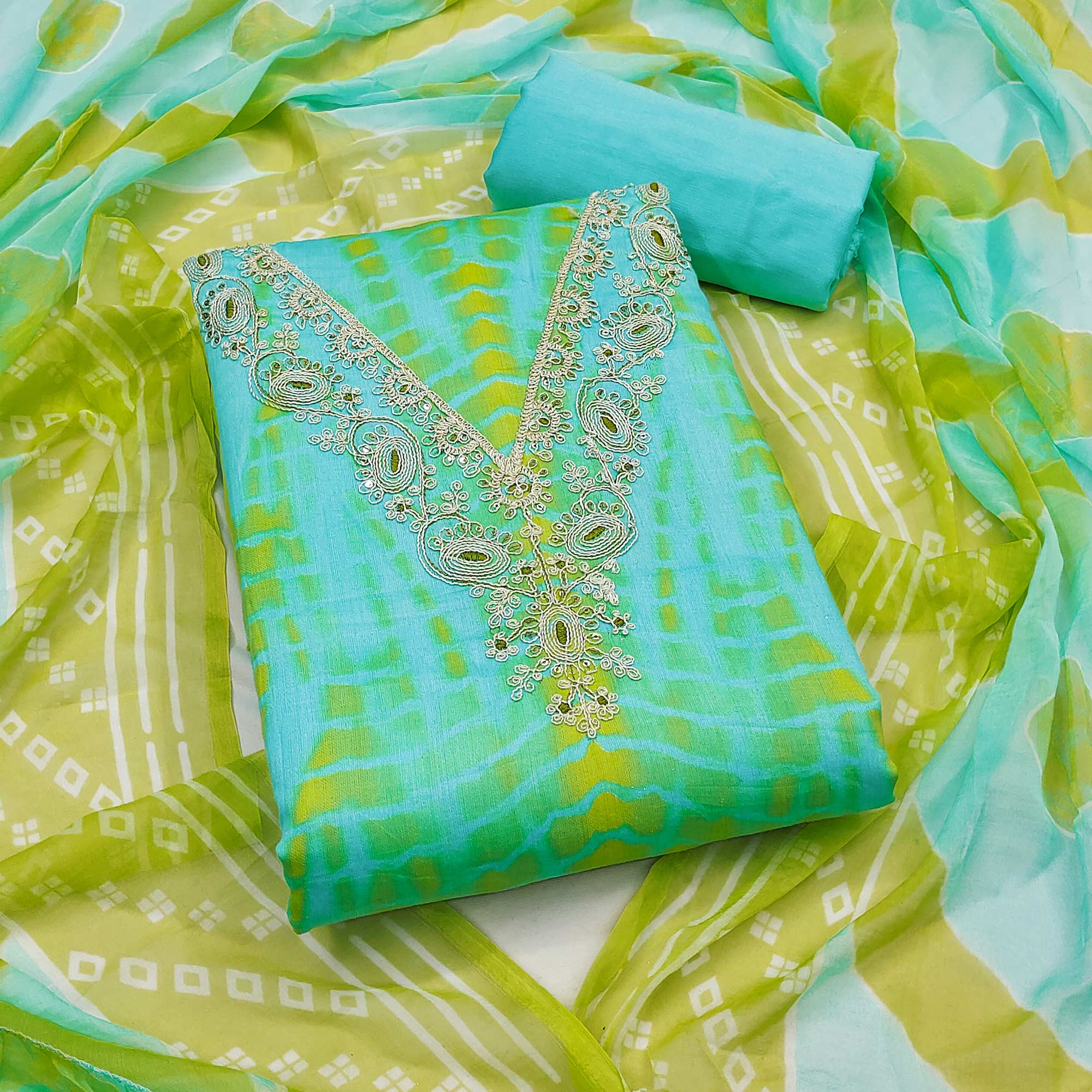 Ethnic Turquoise & Green Bandhani Print Pure Cotton Dress Material Accented With Cording Embroidery