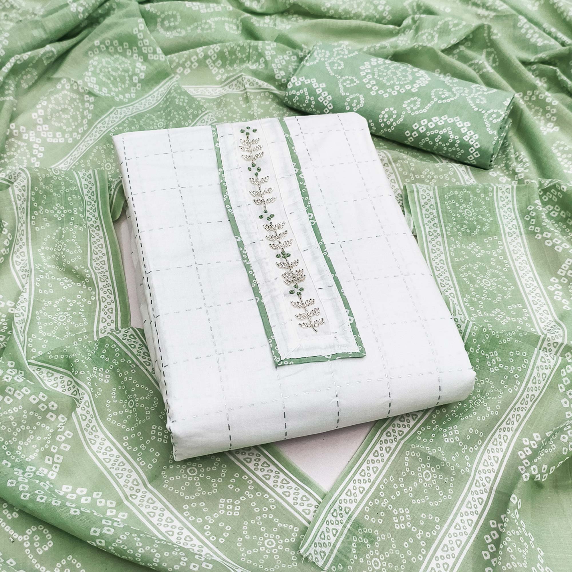 Elegant White & Green Checks Printed Pure Cotton Dress Material With Delicate Handwork Accents